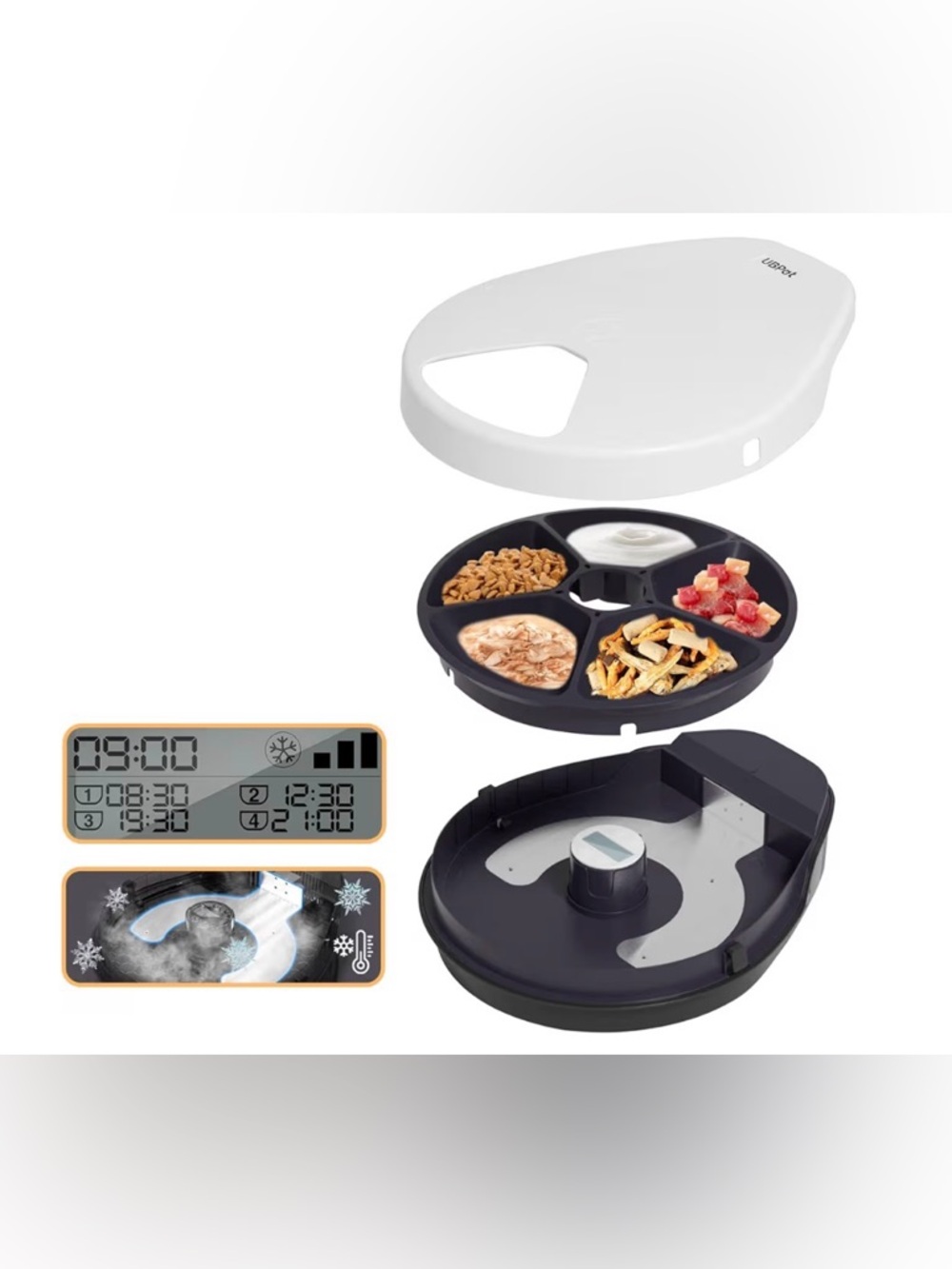 Automatic Rotating Cat Feeder in White and Black - Programmable 5-Meal Dispense